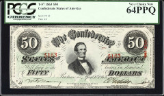 T-57. Confederate Currency. 1863 $50. PCGS Currency Very Choice New 64 PPQ.
No. 5163. Plate AX. A very original and attractive example of this popula...