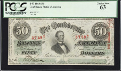 T-57. Confederate Currency. 1863 $50. PCGS Currency Choice New 63.
No. 37697. Plate AW. Quite rare compared to the T-66 from 1864, the T-57 is seldom...