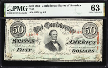 T-57. Confederate Currency. 1863 $50. PMG Choice Uncirculated 63.
No. 41554. Plate ZA. A fine example of this popular denomination that offers much i...