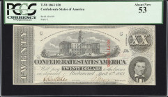 T-58. Confederate Currency. 1863 $20. PCGS Currency About New 53.
No. 16619. Plate C. A comparatively seldom seen type compared to those issued in 18...