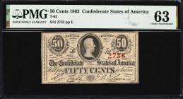 T-63. Confederate Currency. 1863 50 Cents. PMG Choice Uncirculated 63.
No. 2735. Plate E. Representative of the smallest denomination issued by the C...