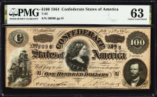 T-65. Confederate Currency. 1864 $100. PMG Choice Uncirculated 63.
No. 39096. Plate D. A Choice Uncirculated example of this popular design and denom...