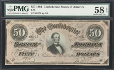T-66. Confederate Currency. 1864 $50. PMG Choice About Uncirculated 58 EPQ.
No. 66275. Plate XA. A lightly handled example of this popular denominati...