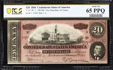T-67. Confederate Currency. 1864 $20. PCGS Banknote Gem Uncirculated 65 PPQ.
No. 37040. Plate A. A Gem Uncirculated example of a common design with u...