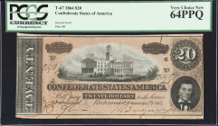 T-67. Confederate Currency. 1864 $20. PCGS Currency Very Choice New 64 PPQ.
No. 31467. Plate B. A Very Choice New example of a catalog number printed...