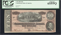 T-68. Confederate Currency. 1864 $10. PCGS Currency Gem New 65 PPQ.
No. 58657. Plate A. Printed late in the war as the strategic and economic positio...