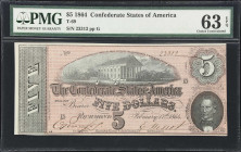T-69. Confederate Currency. 1864 $5. PMG Choice Uncirculated 63 EPQ.
No. 23312. Plate G. A highly original example ripe with eye appeal that also dis...