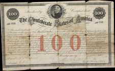 Confederate Bond. 1861 $100. Very Good.
No. 235. Issued out of Montgomery before the move to Richmond. This item features the penned signatures of Ty...