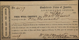 Confederate States of America Interim Deposit Receipt. 1864 $1000. Very Fine to Extremely Fine.
No. 4179. A IDR from the Lynchburg depository that da...