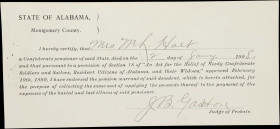 Confederate Relief Warrant. 1908. Extremely Fine to About Uncirculated.
A warrant issued to the widow of a Confederate soldier who died in 1908. Canc...