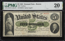 Fr. 3. 1861 $5 Demand Note. PMG Very Fine 20.
An example of a rare and historically significant type, the Demand Notes of 1861 are the earliest direc...