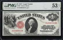 Fr. 36. 1917 $1 Legal Tender Note. PMG About Uncirculated 53 EPQ.
A crisp albeit lightly circulated example of this long-lived design type that was i...