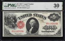 Fr. 36. 1917 $1 Legal Tender Note. PMG Very Fine 30.
An evenly circulated representative of the better Teehee - Burke signature combination which is ...