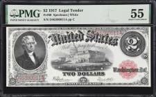 Fr. 60. 1917 $2 Legal Tender Note. PMG About Uncirculated 55.
A lightly handled and barely circulated example of a long-lived design that traces its ...