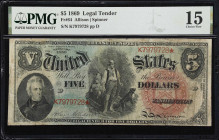 Fr. 64. 1869 $5 Legal Tender Note. PMG Choice Fine 15.
A colorful albeit well-circulated example of this iconic design. The color which has made the ...