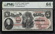 Fr. 68. 1875 $5 Legal Tender Note. PMG Choice Uncirculated 64 EPQ.
An early iteration of the fabled "Woodchopper," this note represents the final sig...