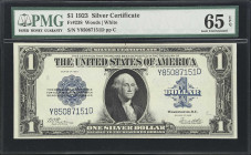 Fr. 238. 1923 $1 Silver Certificate. PMG Gem Uncirculated 65 EPQ.
YD Block. Excellent margins and deep inks are displayed by this lovely Series of 19...