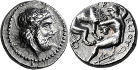 KINGS OF PAEONIA. Lykkeios, circa 359-335 BC. Tetradrachm (Silver, 23 mm, 12.66 g, 8 h), Astibos or Damastion(?). Laureate head of Zeus to right. Rev....