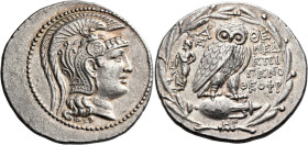 ATTICA. Athens. 135/4 BC. Tetradrachm (Silver, 33 mm, 16.81 g, 12 h), struck under the magistrates Mened..., Epigeno..., Theophr.... Head of Athena to...