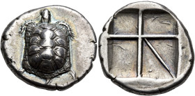 ISLANDS OFF ATTICA, Aegina. Circa 370 BC. Stater (Silver, 25 mm, 12.01 g). Land tortoise with segmented shell, seen from above. Rev. Incuse square wit...
