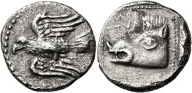 CRETE. Lyttos. Circa 330-300 BC. Stater (Silver, 25 mm, 10.25 g, 6 h). Eagle with open wings, one above and one below his body, flying to left; border...