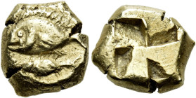 MYSIA. Kyzikos. Circa 600-550 BC. Hekte (Electrum, 11 mm, 2.65 g). Grouper swimming to left above a tunny swimming to left. Rev. Quadripartite incuse ...