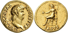 Nero, 54-68. Aureus (Gold, 19 mm, 6.48 g, 7 h), Rome, 65-66. NERO CAESAR AVGVSTVS Laureate head of Nero to right. Rev. SALVS Salus seated to left on a...