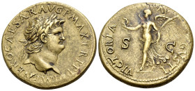 Nero, AD 54-68. Dupondius (Orichalcum, 29 mm, 13.31 g, 7 h), Lugdunum, 66. IMP NERO CAESAR AVG P MAX TR P P P Laureate head of Nero to right. Rev. VIC...