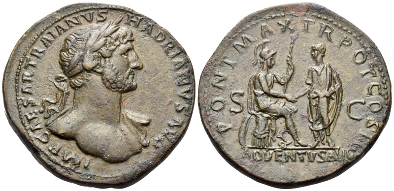 Hadrian, 117-138. Sestertius (Orichalcum, 35.5 mm, 23.68 g, 6 h), Rome, 118. IMP...