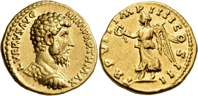 Lucius Verus, 161-169. Aureus (Gold, 20 mm, 7.28 g, 6 h), Rome, December 166-Dec...