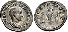 Gordian III, as Caesar, 238. Denarius (Silver, 20 mm, 3.02 g, 12 h), Rome, February-May 238. M ANT GORDIANVS AVG Bare-headed and draped bust of Gordia...