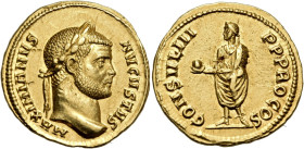 Maximianus, first reign, 286-305. Aureus (Gold, 20 mm, 5.44 g, 12 h), Cyzicus, 299-303. MAXIMIANVS AVGVSTVS Laureate head of Maximian to right. Rev. C...