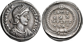 Constantius II, 337-361. Siliqua (Silver, 21 mm, 3.05 g, 12 h), Nicomedia, 351-355. D N CONSTAN-TIVS P F AVG Pearl diademed, draped and cuirassed bust...