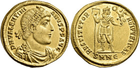 Valentinian I, 364-375. Solidus (Gold, 22 mm, 4.38 g, 12 h), Nicomedia, E = 5th officina, 364-367. D N VALENTINI-ANVS P F AVG Pearl-diademed, draped a...