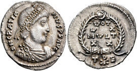 Gratian, 367-383. Siliqua (Silver, 19 mm, 1.92 g, 5 h), Thessalonica, 375-378. D N GRATIA-NVS P F AVG Pearl diademed, draped and cuirassed bust of Gra...