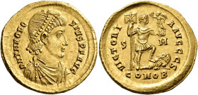 Theodosius I, 379-395. Solidus (Gold, 20.5 mm, 4.46 g, 11 h), Sirmium, 393-395, S = 6th officina. Pearl-diademed, draped and cuirassed bust of Theodos...