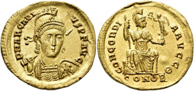 Arcadius, 383-408. Solidus (Gold, 20.5 mm, 4.44 g, 6 h), Constantinople, Θ = 9th officina. D N ARCADI-VS P F AVG Pearl-diademed and helmeted bust of A...