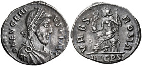 Eugenius, 392-394. Siliqua (Silver, 19 mm, 1.94 g, 1 h), Lugdunum. D N EVGENI-VS P F AVG Pearl diademed, draped and cuirassed bust of Eugenius to righ...