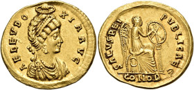 Aelia Eudoxia, Augusta, 400-404. Solidus (Gold, 20.5 mm, 4.40 g, 6 h), Constantinople, E = 5th officina, 402-403. AEL EVDO-XIA AVG Diademed and draped...