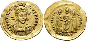 Theodosius II, 402-450. Solidus (Gold, 21 mm, 4.43 g, 6 h), Constantinople, October 437. D N THEODO-SIVS P F AVG Pearl-diademed, helmeted and cuirasse...