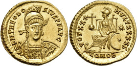 Theodosius II, 402-450. Solidus (Gold, 20 mm, 4.51 g, 7 h), Constantinople, S = 6th officina, struck 430-440. D N THEODO-SIVS P F AVG Helmeted, pearl-...