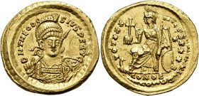 Theodosius II, 402-450. Solidus (Gold, 21.5 mm, 4.31 g, 6 h), Constantinople B = 2nd officina, 430-440. D N THEODO-SIVS P F AVG Bust of Theodosius II,...