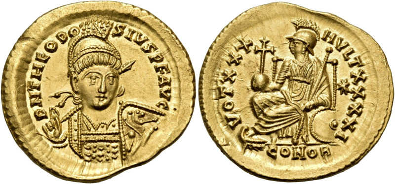 Theodosius II, 402-450. Solidus (Gold, 21.5 mm, 4.49 g, 6 h), Constantinople, I ...