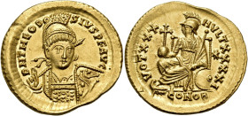 Theodosius II, 402-450. Solidus (Gold, 21.5 mm, 4.49 g, 6 h), Constantinople, I = 10th officina, 430-440. D N THEODO-SIVS P F AVG Helmeted, pearl diad...