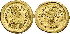 Theodosius II, 402-450. Tremissis (Gold, 14 mm, 1.48 g, 6 h), Constantinople, 408-420. D N THEODO-SIVS P F AVG Pearl-diademed, draped and cuirassed bu...