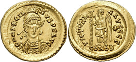 Marcian, 450-457. Solidus (Gold, 22.5 mm, 4.40 g, 6 h), Constantinople, Γ = 3rd officina. D N MARCIA-NVS P F AVG / CONOB Helmeted, diademed and cuiras...