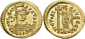 Leo I, 457-474. Solidus (Gold, 21 mm, 4.50 g, 5 h), Constantinople, B = 2nd officina, circa 460-468. D N LEO PE-RPET AVG Helmeted, diademed and cuiras...