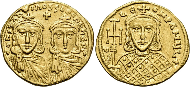Constantine V Copronymus, with Leo IV and Leo III, 741-775. Solidus (Gold, 21 mm...