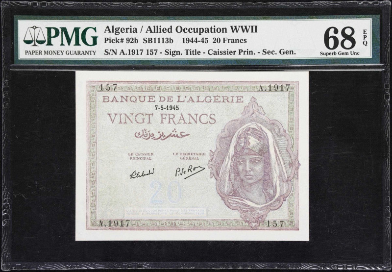 ALGERIA. Banque de l'Algerie. 20 Francs, 7.5.1945. P-92b. SB1113b. PMG Superb Ge...