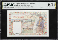 ALGERIA. Lot of (3). Banque de l'Algerie & Banque Centrale d'Algerie . 100 Dinars, 20 & 50 Francs, 1928-64. P-78b, 87 & 125b. PMG Choice Uncirculated ...
